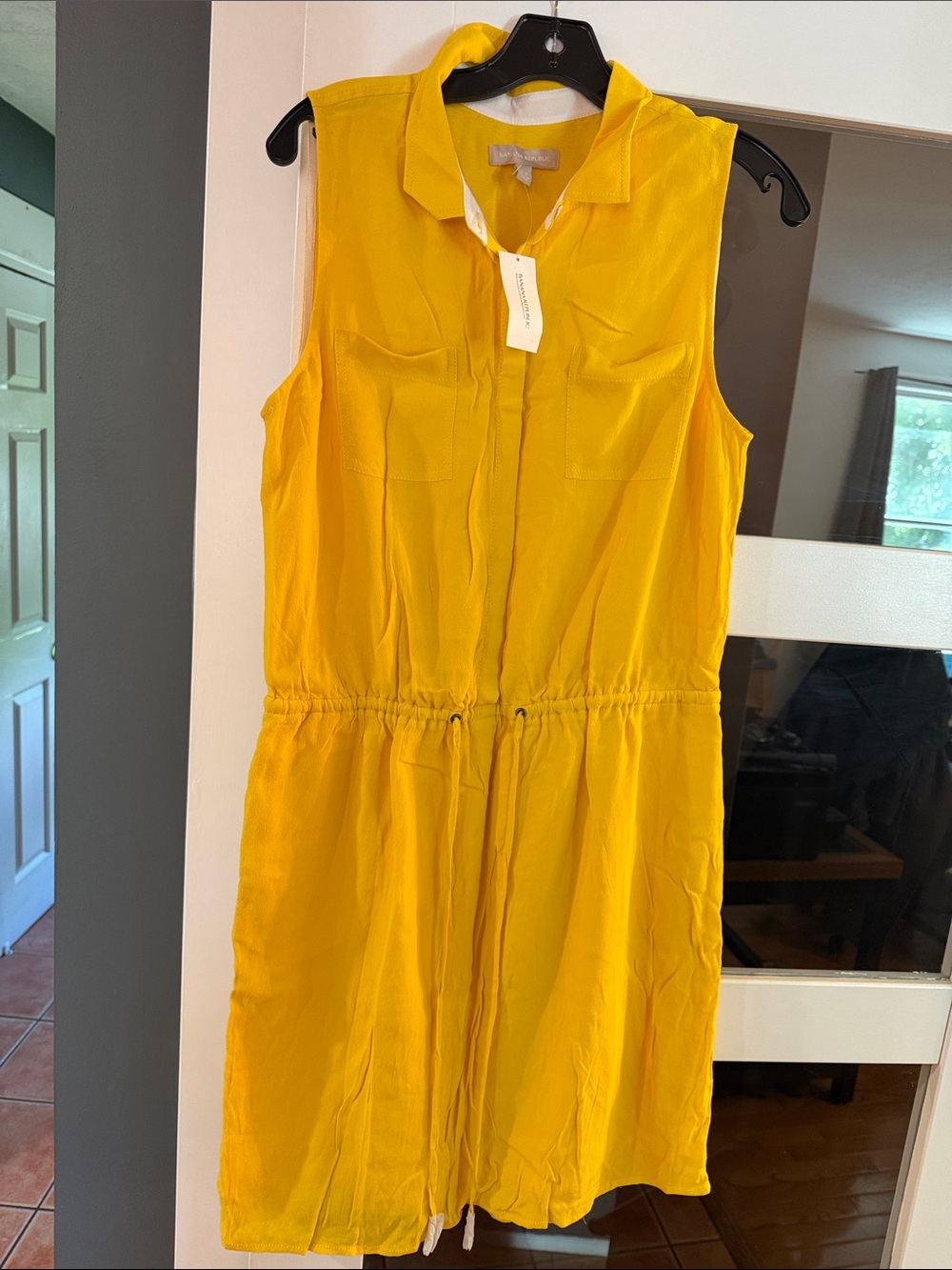 Banana Republic Sleeveless Yellow Drawstring Waist Shirt Dress